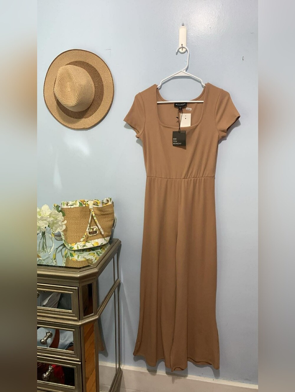 Nwt Women's Square Neck Jumpsuit- Tan